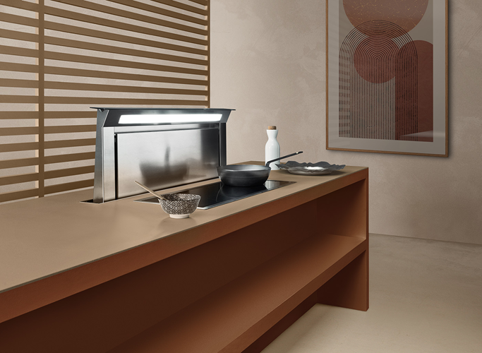 Белая worktop вытяжка FALMEC DOWNDRAFT GLASS WHITE 900 мм со стеклом без мотора